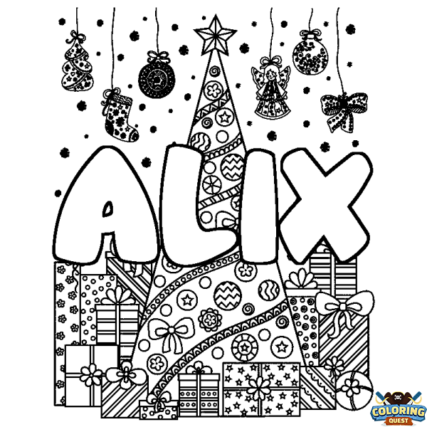 Coloring page first name ALIX - Christmas tree and presents background