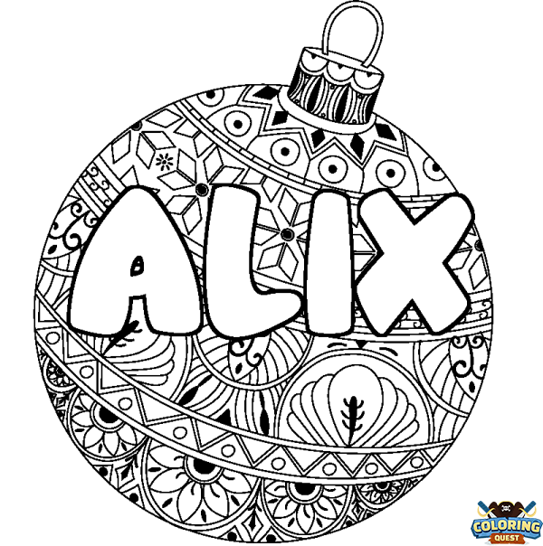 Coloring page first name ALIX - Christmas tree bulb background