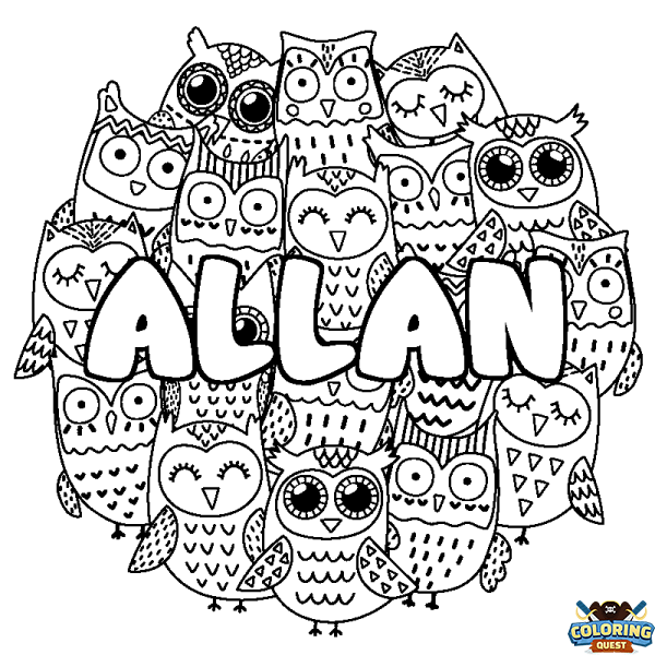 Coloring page first name ALLAN - Owls background