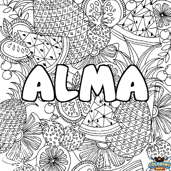 Coloring page first name ALMA - Fruits mandala background