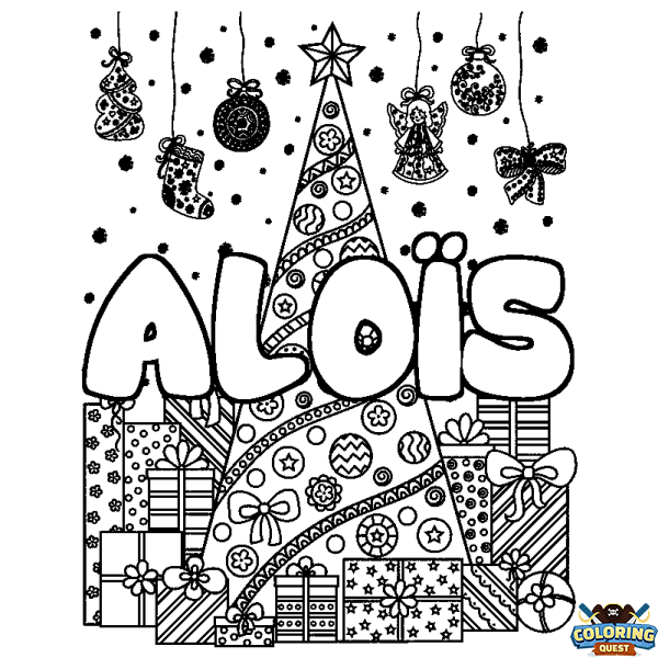 Coloring page first name ALO&Iuml;S - Christmas tree and presents background