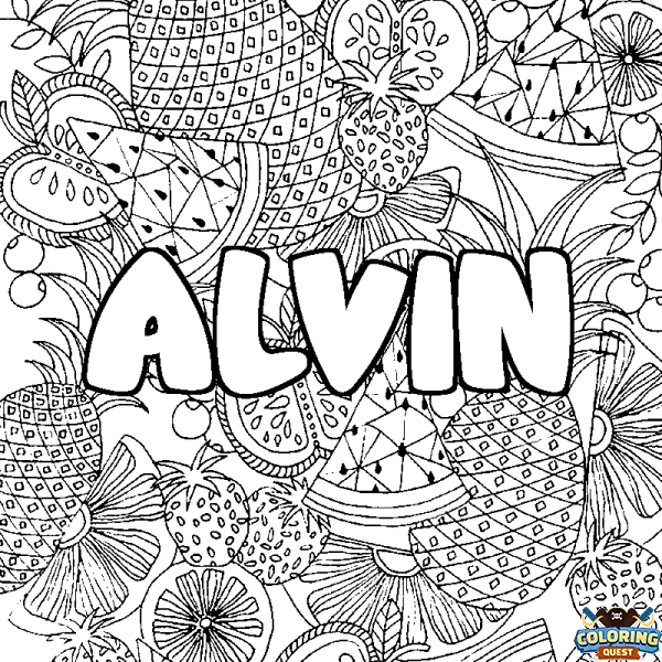 Coloring page first name ALVIN - Fruits mandala background