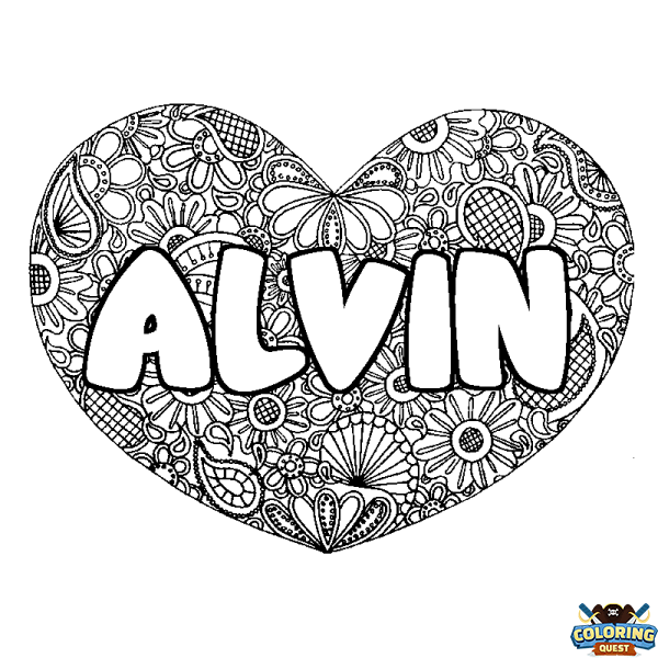 Coloring page first name ALVIN - Heart mandala background