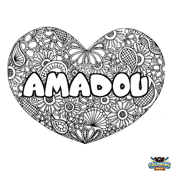 Coloring page first name AMADOU - Heart mandala background