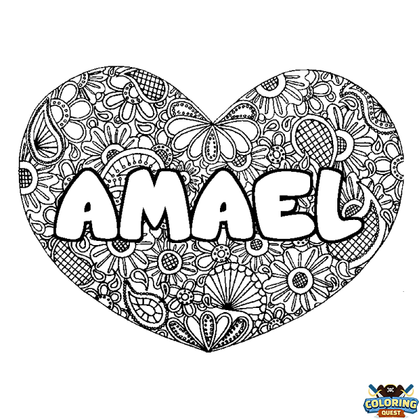 Coloring page first name AMAEL - Heart mandala background