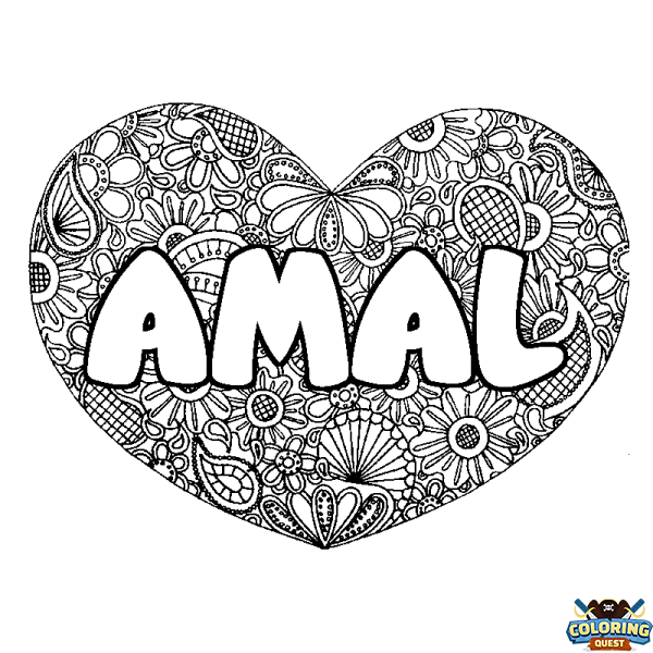 Coloring page first name AMAL - Heart mandala background