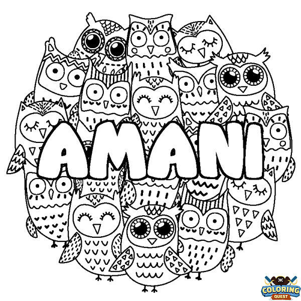 Coloring page first name AMANI - Owls background