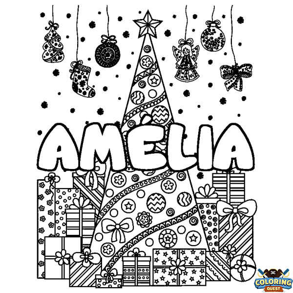 Coloring page first name AM&Eacute;LIA - Christmas tree and presents background
