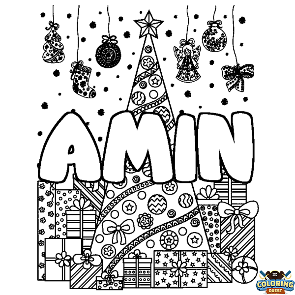 Coloring page first name AMIN - Christmas tree and presents background