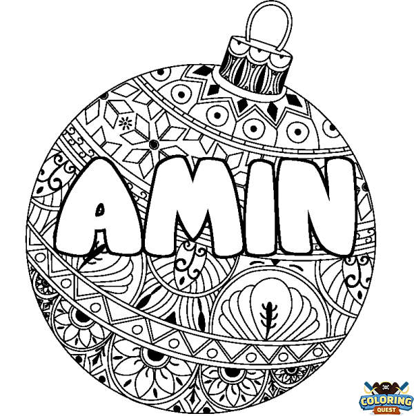 Coloring page first name AMIN - Christmas tree bulb background