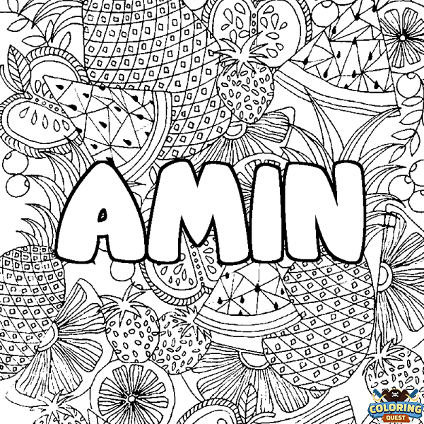 Coloring page first name AMIN - Fruits mandala background