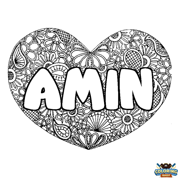 Coloring page first name AMIN - Heart mandala background