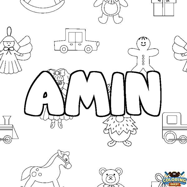 Coloring page first name AMIN - Toys background