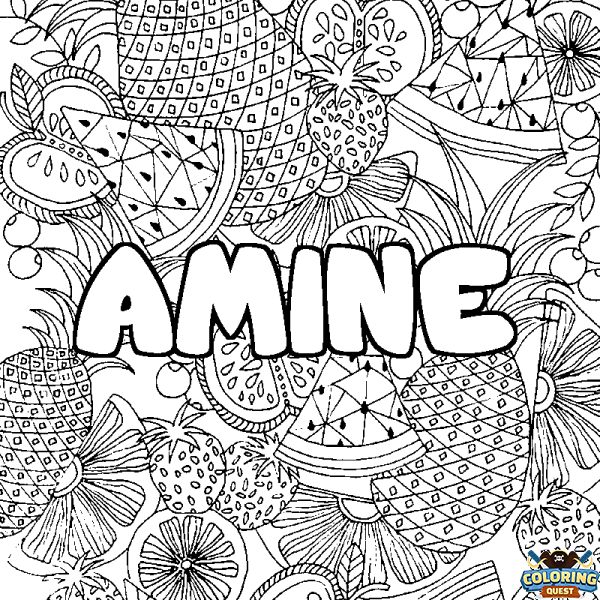 Coloring page first name AMINE - Fruits mandala background