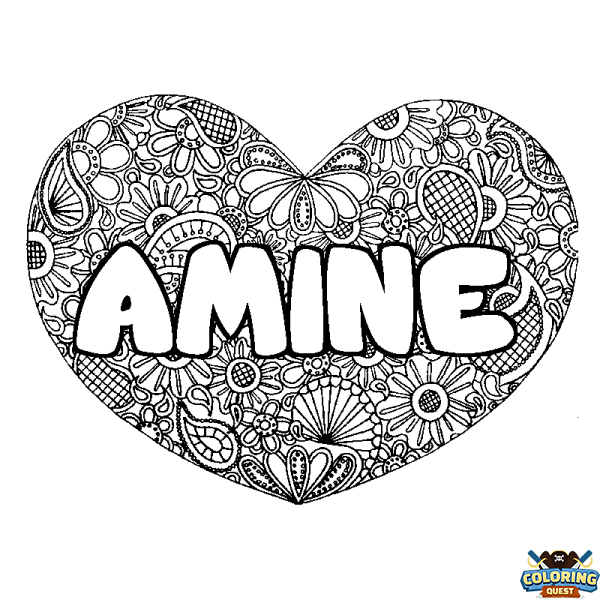 Coloring page first name AMINE - Heart mandala background