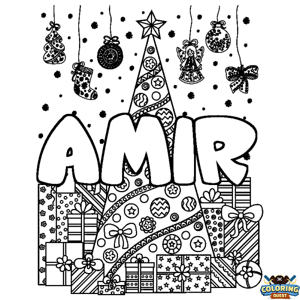 Coloring page first name AMIR - Christmas tree and presents background