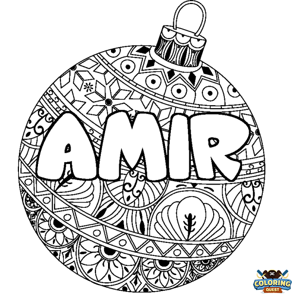 Coloring page first name AMIR - Christmas tree bulb background