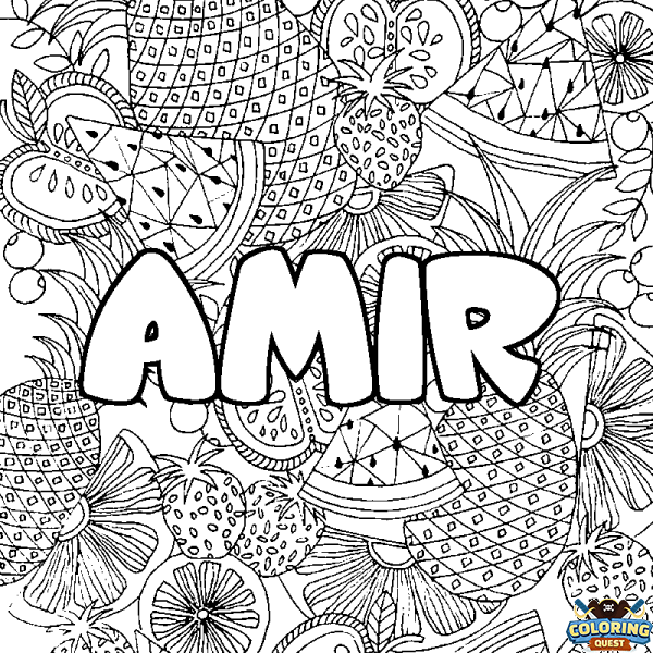 Coloring page first name AMIR - Fruits mandala background