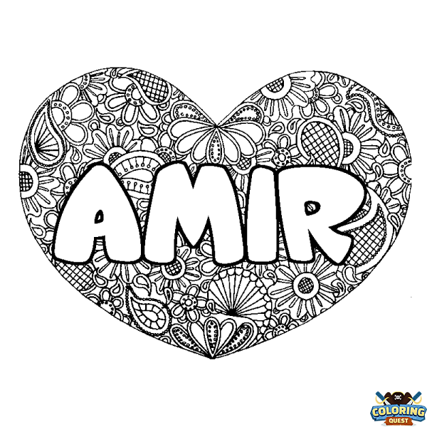 Coloring page first name AMIR - Heart mandala background
