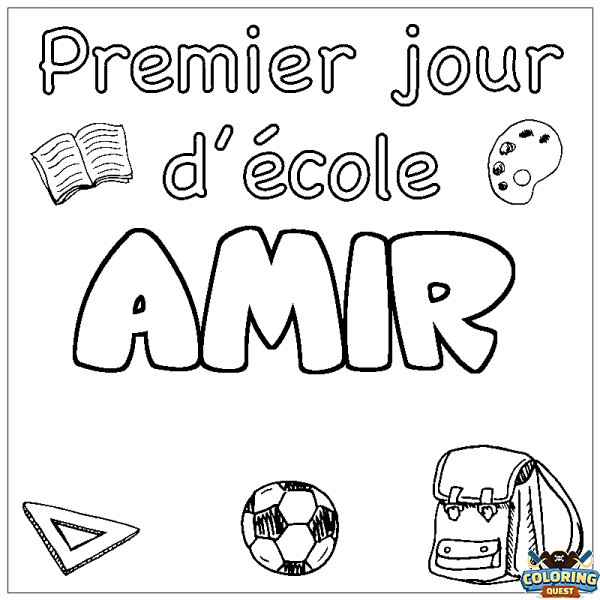 Coloring page first name AMIR - School First day background