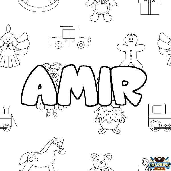 Coloring page first name AMIR - Toys background
