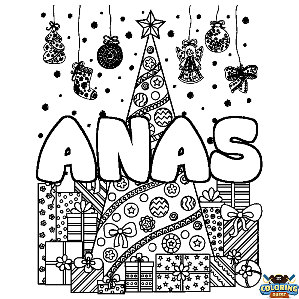 Coloring page first name ANAS - Christmas tree and presents background