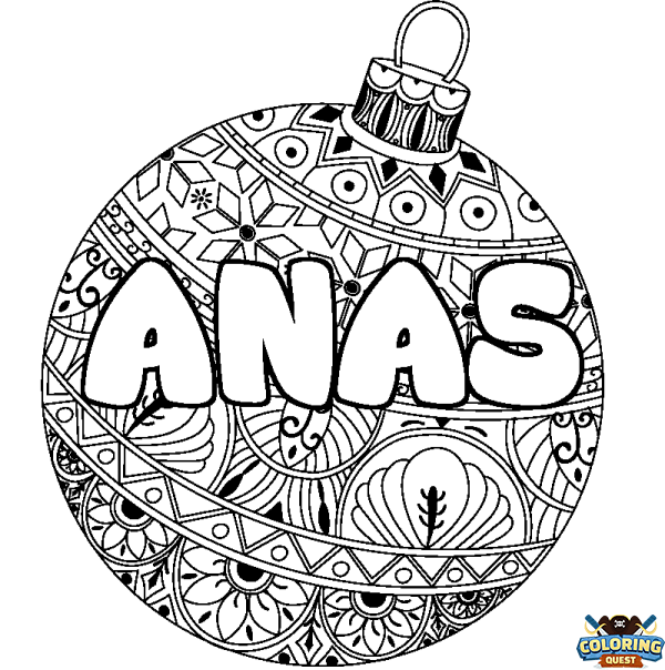 Coloring page first name ANAS - Christmas tree bulb background