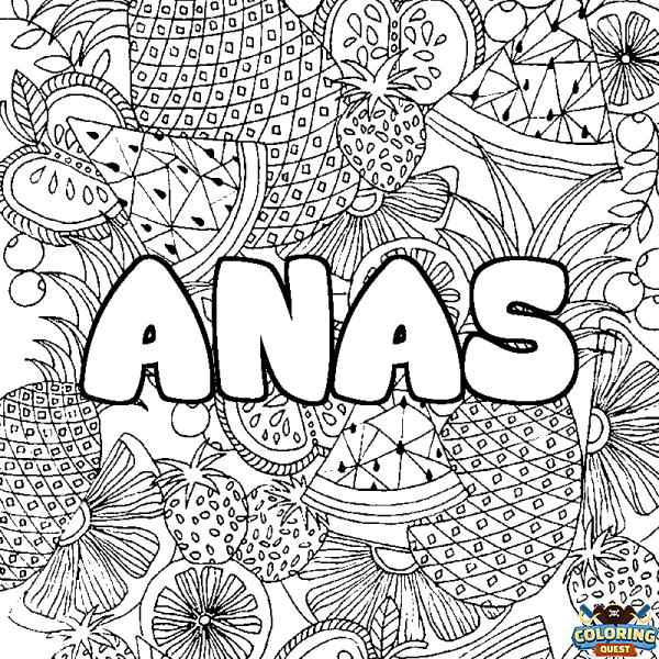 Coloring page first name ANAS - Fruits mandala background