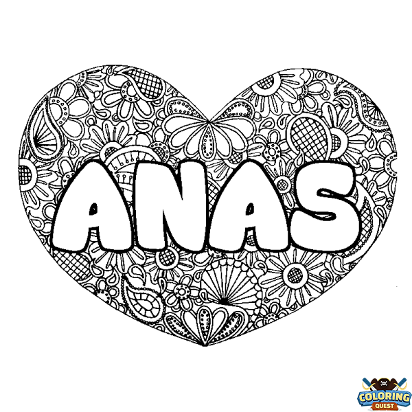 Coloring page first name ANAS - Heart mandala background