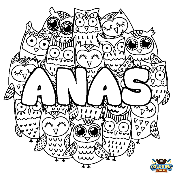 Coloring page first name ANAS - Owls background