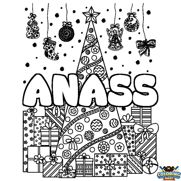 Coloring page first name ANASS - Christmas tree and presents background