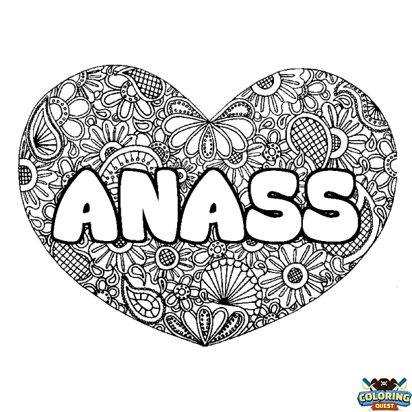 Coloring page first name ANASS - Heart mandala background