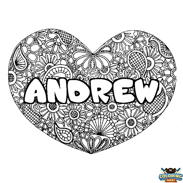 Coloring page first name ANDREW - Heart mandala background