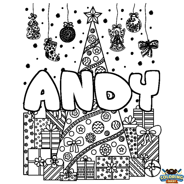 Coloring page first name ANDY - Christmas tree and presents background