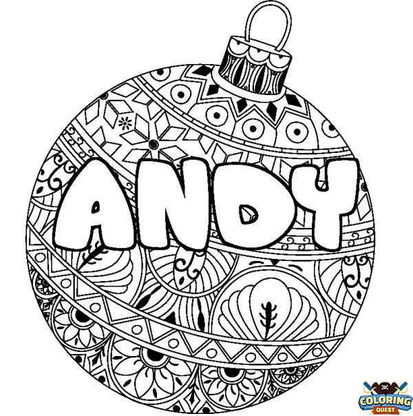 Coloring page first name ANDY - Christmas tree bulb background