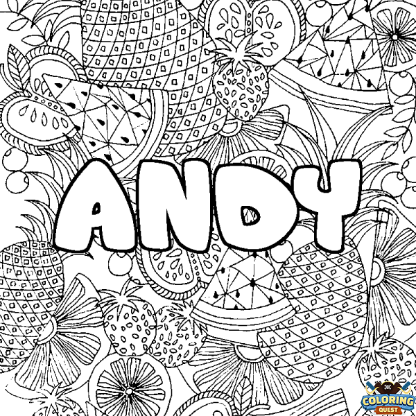 Coloring page first name ANDY - Fruits mandala background