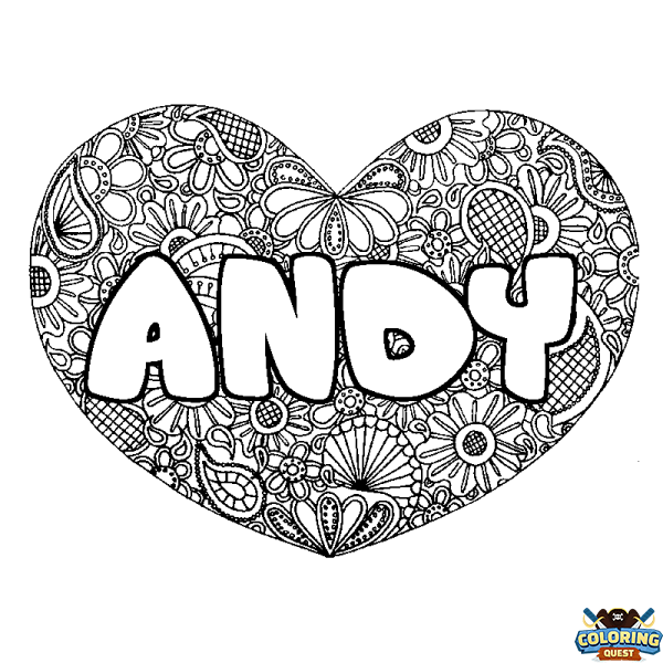 Coloring page first name ANDY - Heart mandala background