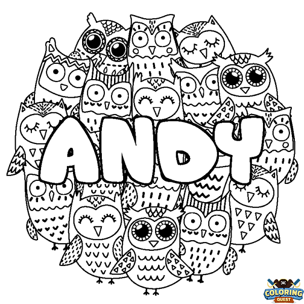 Coloring page first name ANDY - Owls background