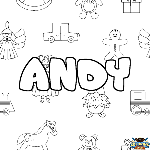 Coloring page first name ANDY - Toys background