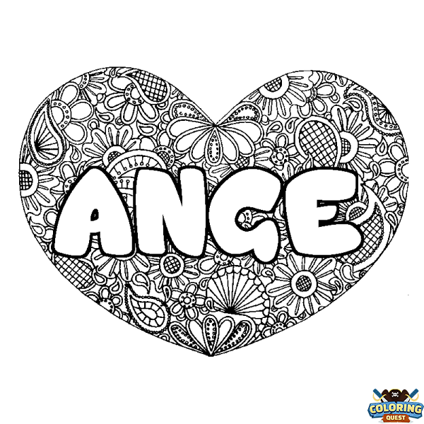 Coloring page first name ANGE - Heart mandala background