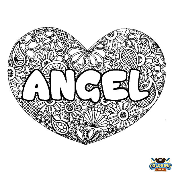 Coloring page first name ANGEL - Heart mandala background