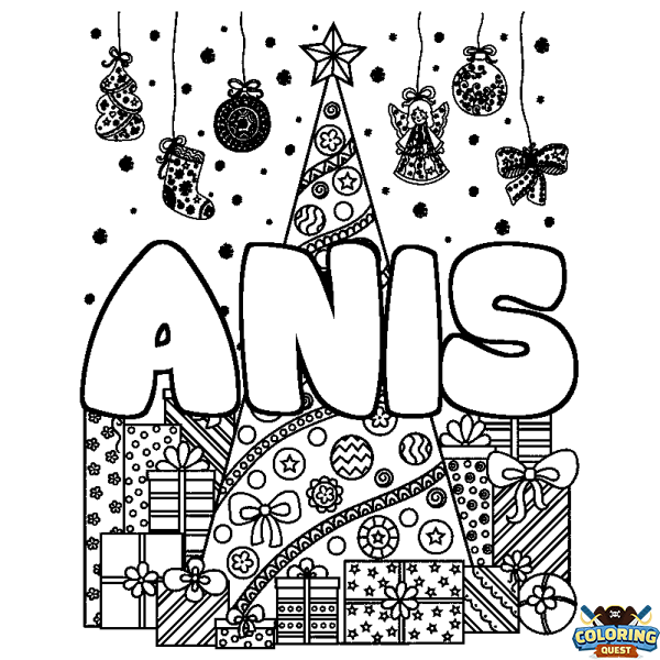 Coloring page first name ANIS - Christmas tree and presents background