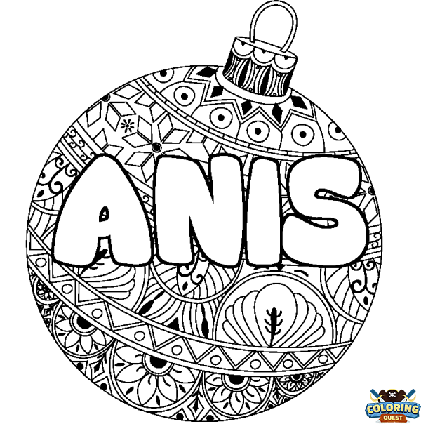 Coloring page first name ANIS - Christmas tree bulb background