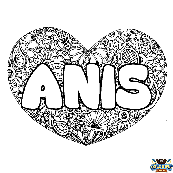 Coloring page first name ANIS - Heart mandala background