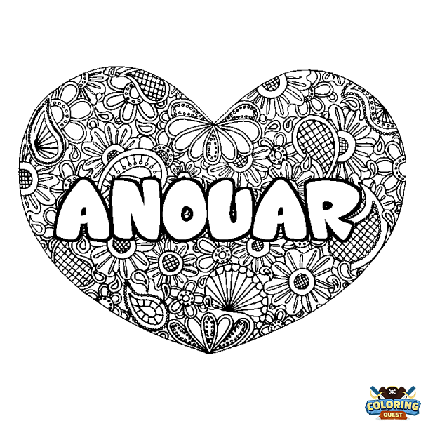 Coloring page first name ANOUAR - Heart mandala background