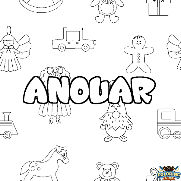 Coloring page first name ANOUAR - Toys background