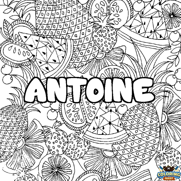 Coloring page first name ANTOINE - Fruits mandala background