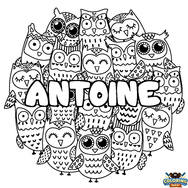 Coloring page first name ANTOINE - Owls background