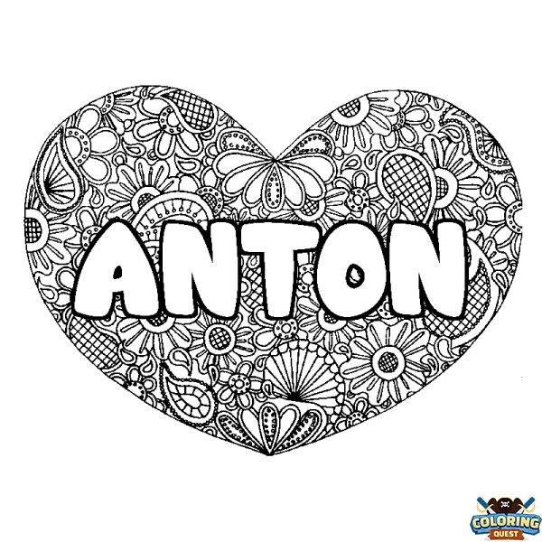 Coloring page first name ANTON - Heart mandala background