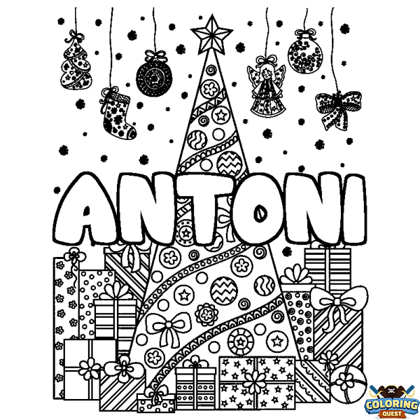 Coloring page first name ANTONI - Christmas tree and presents background